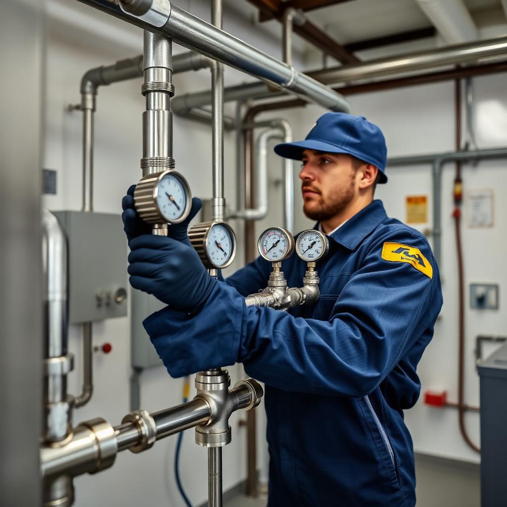 Técnico da P Tech inspecionando uma rede de gás com manômetros